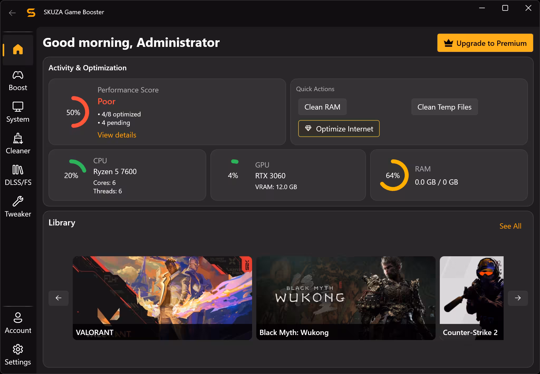 SKUZA Game Booster Interface